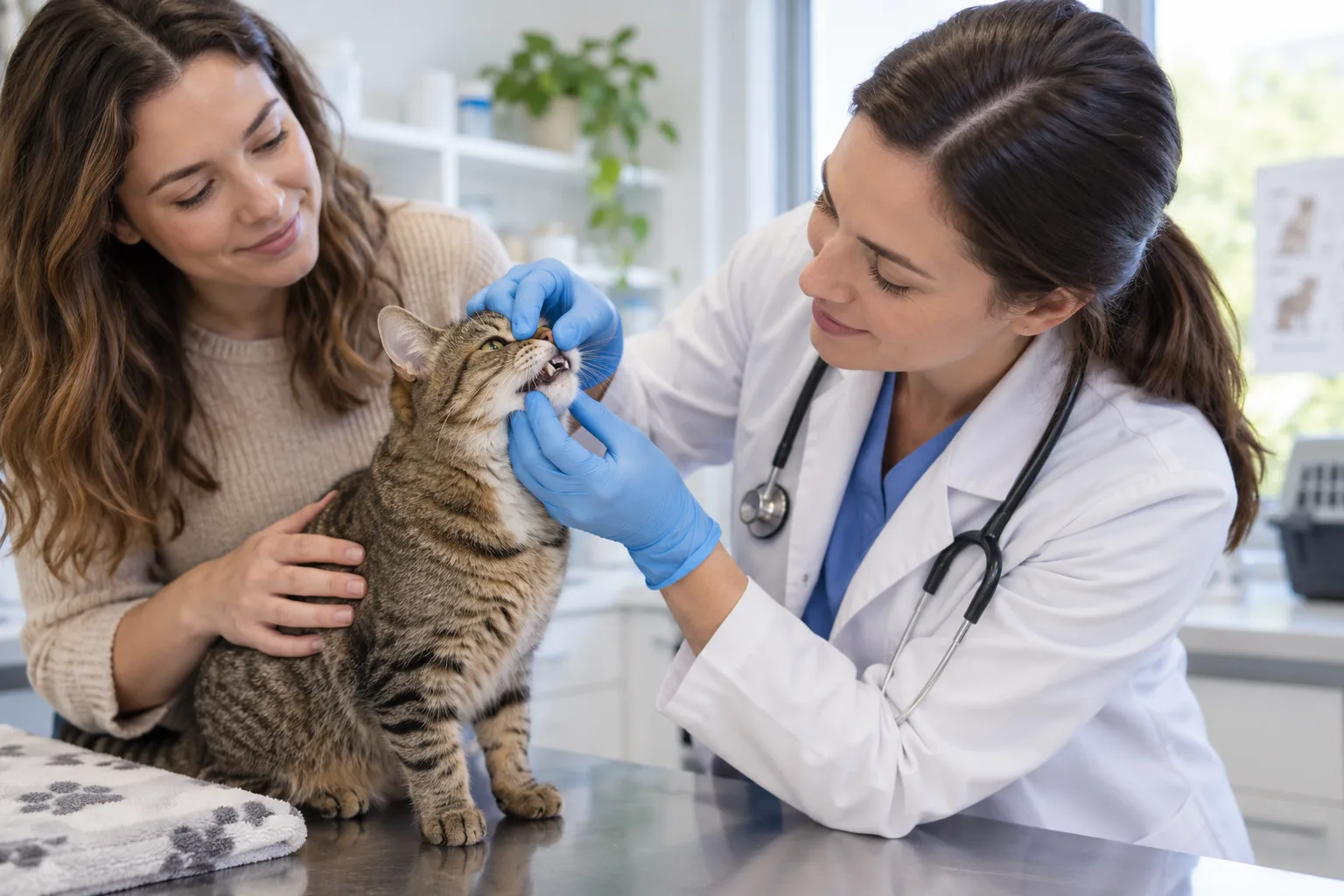 Veterinary professional looking at a cat’s mouth with the owner nearby